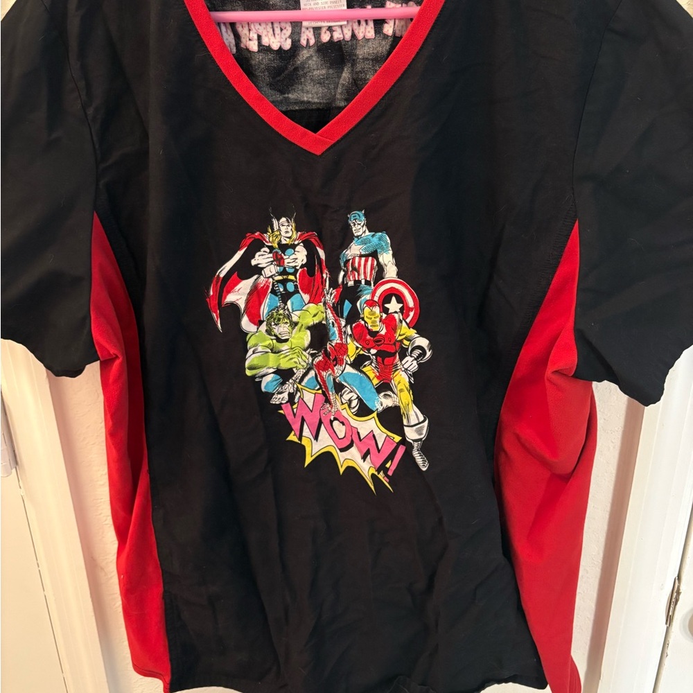 Marvel Superhero Scrub Top 2XL Black Red V-Neck Nurse Comic Graphic. EUC. - Picture 2 of 9
